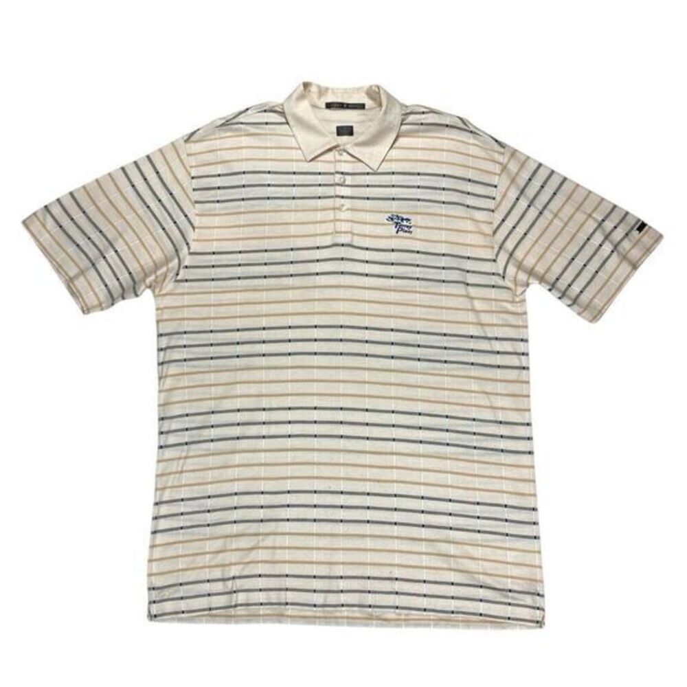 Tiger‎ Woods Golf Polo Shirt XL Beige Black Striped Short Sleeve Casual Classic